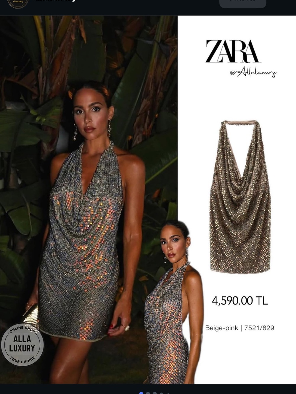 ZARA Beige-Pink Sequin Halter Cowl Mini Dress Size M
